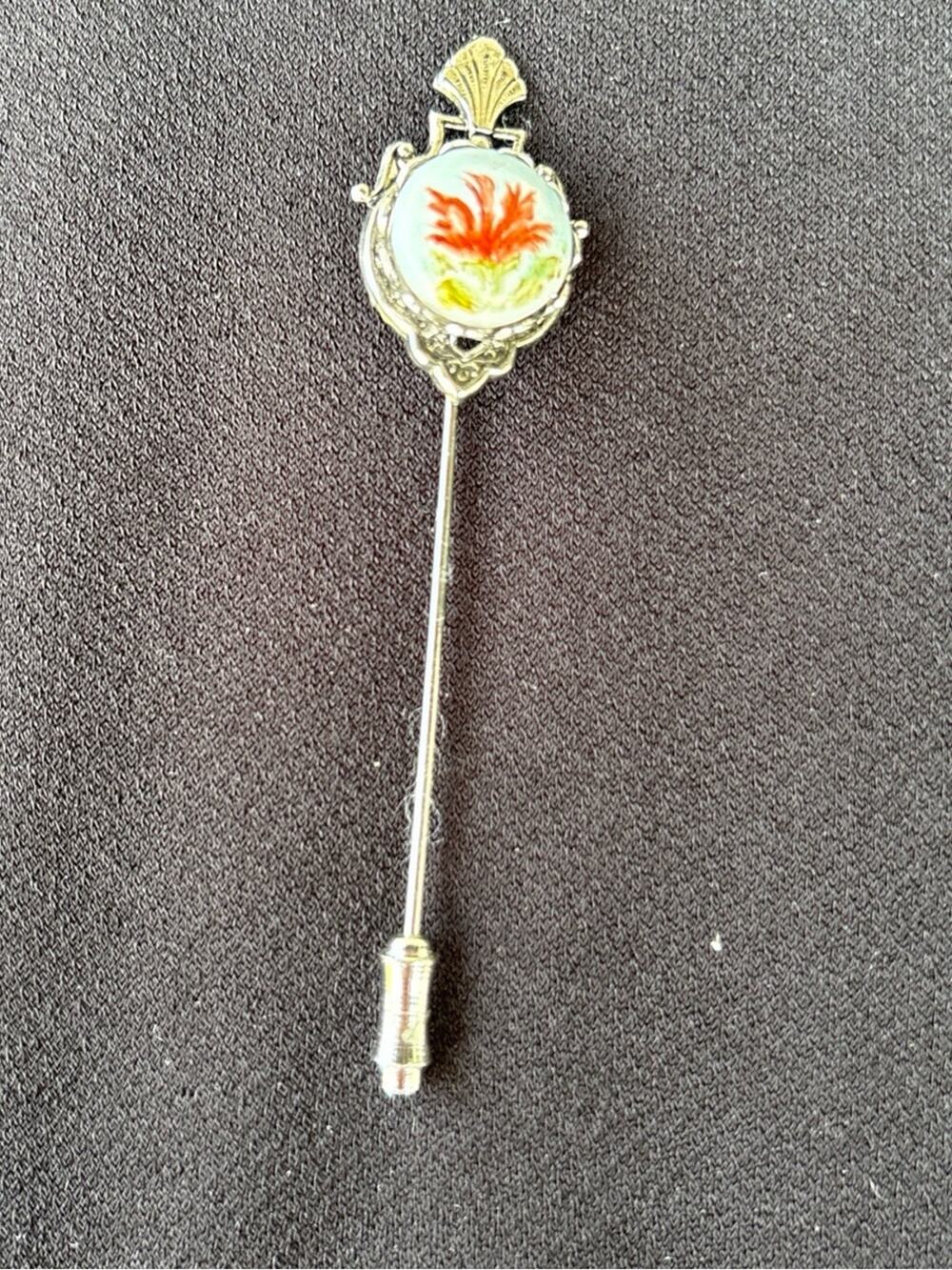 Vintage Delicate Silver Stickpin with hand painted Red Floral Enamel Accent